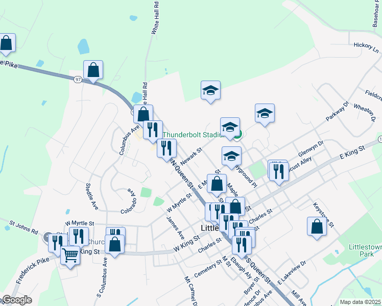 map of restaurants, bars, coffee shops, grocery stores, and more near 112 Newark Street in Littlestown
