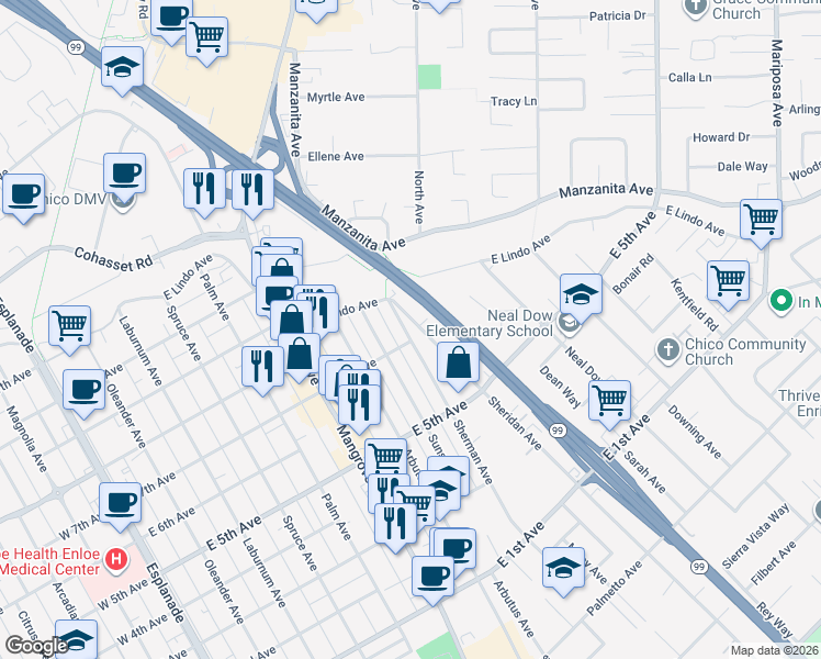 map of restaurants, bars, coffee shops, grocery stores, and more near 1712 Sherman Avenue in Chico