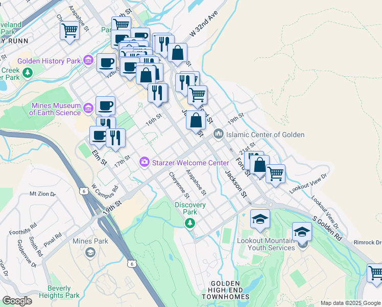 map of restaurants, bars, coffee shops, grocery stores, and more near in Golden