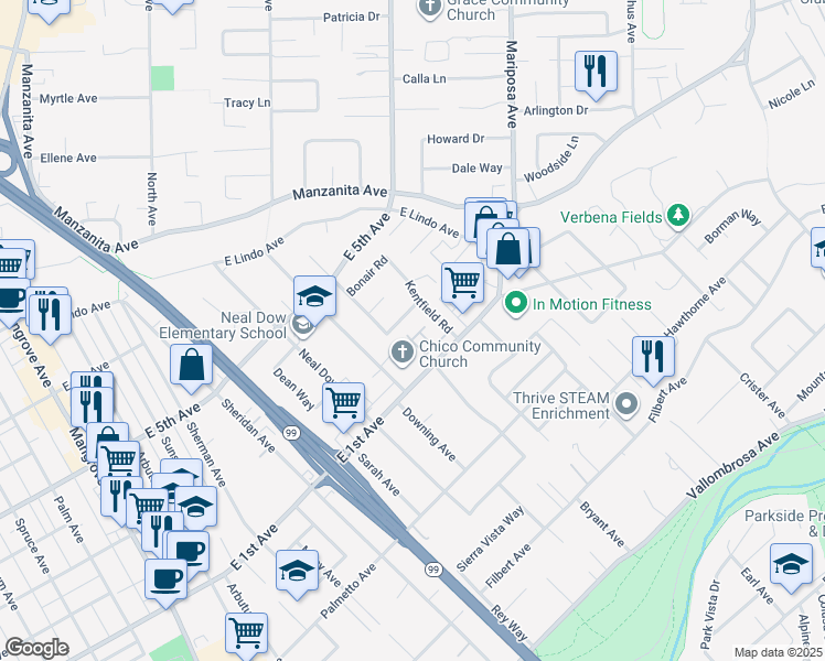 map of restaurants, bars, coffee shops, grocery stores, and more near 43 Veneto Circle in Chico