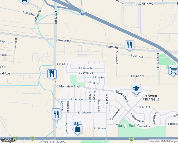 map of restaurants, bars, coffee shops, grocery stores, and more near 19057 East Carmel Drive in Aurora