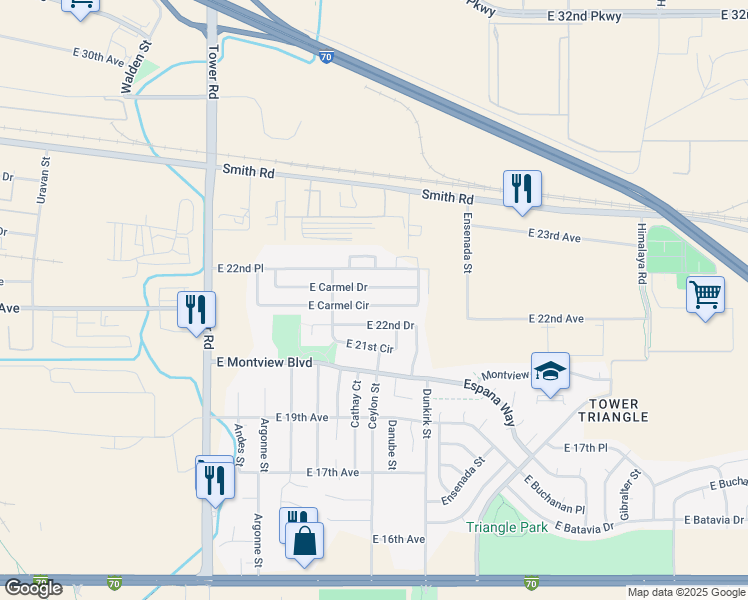 map of restaurants, bars, coffee shops, grocery stores, and more near 19057 East Carmel Drive in Aurora