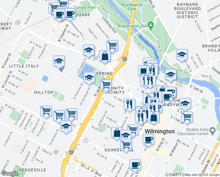 map of restaurants, bars, coffee shops, grocery stores, and more near 1014 North Adams Street in Wilmington