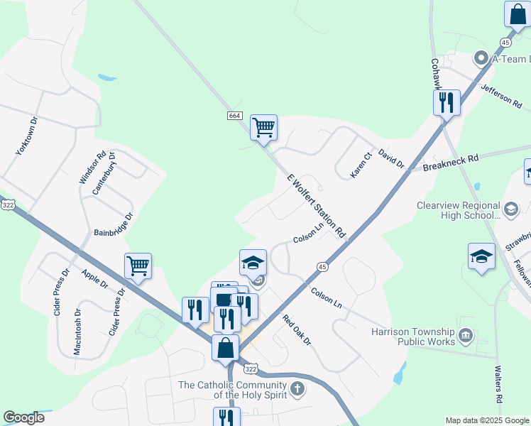 map of restaurants, bars, coffee shops, grocery stores, and more near 10 Peachtree Lane in Harrison Township