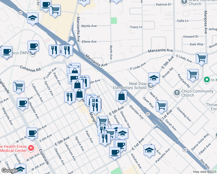 map of restaurants, bars, coffee shops, grocery stores, and more near 1722 Sheridan Avenue in Chico