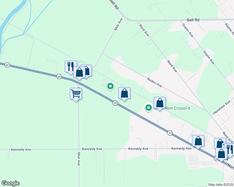 map of restaurants, bars, coffee shops, grocery stores, and more near 3208 California 32 in Chico