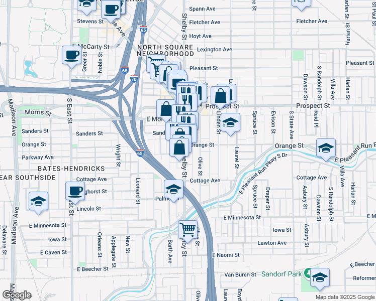 map of restaurants, bars, coffee shops, grocery stores, and more near 1325 Shelby Street in Indianapolis