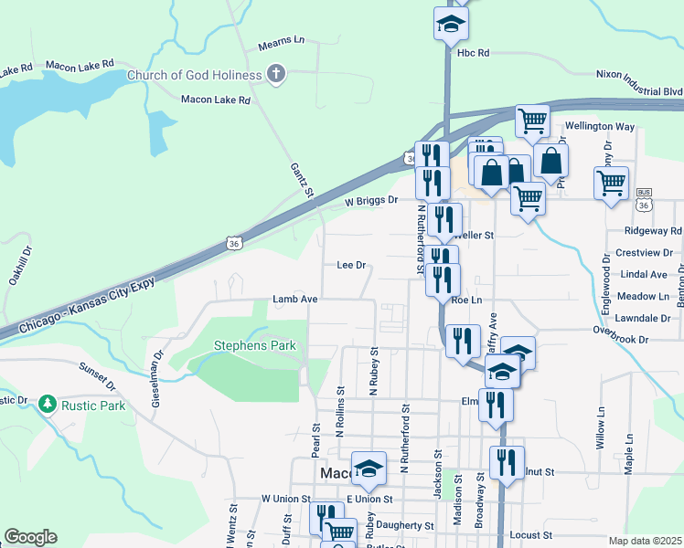 map of restaurants, bars, coffee shops, grocery stores, and more near 105 Lee Drive in Macon
