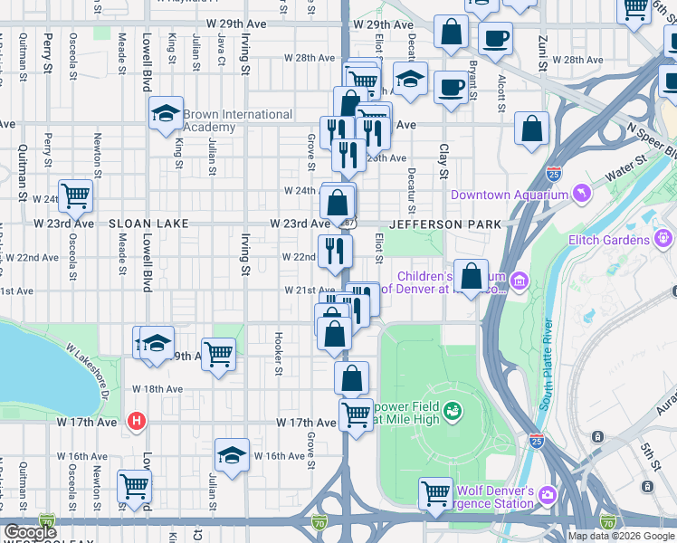 map of restaurants, bars, coffee shops, grocery stores, and more near 2125 Federal Boulevard in Denver