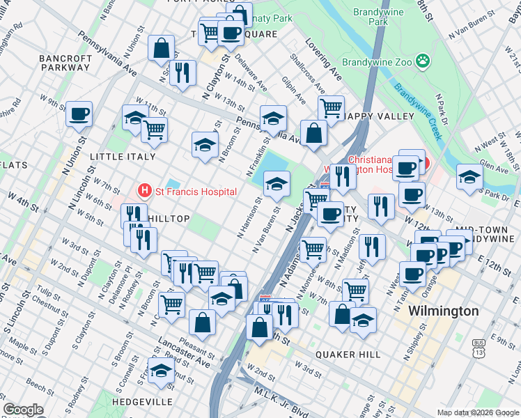 map of restaurants, bars, coffee shops, grocery stores, and more near 1106 West 10th Street in Wilmington