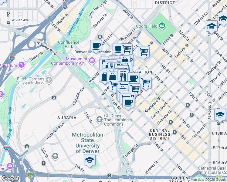 map of restaurants, bars, coffee shops, grocery stores, and more near 1450 Wazee Street in Denver