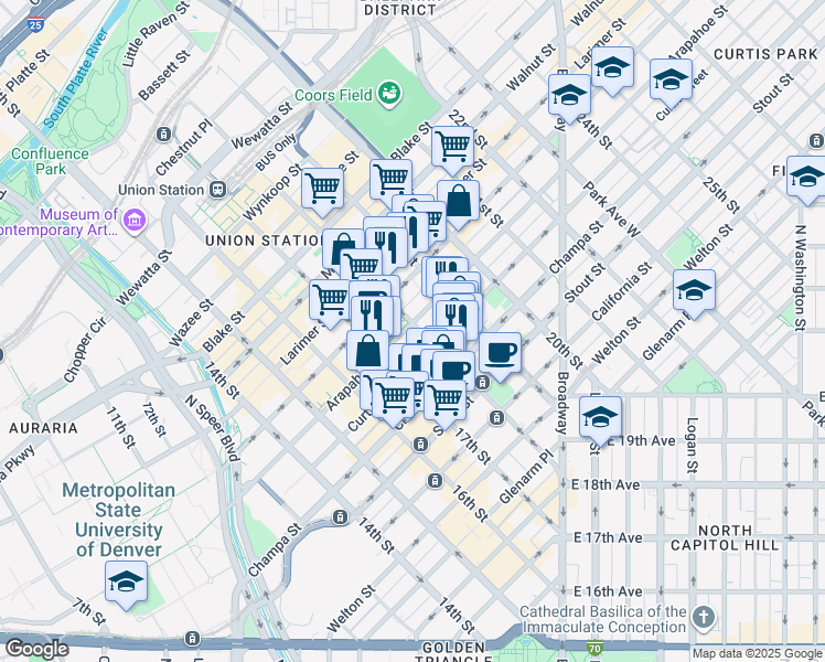 map of restaurants, bars, coffee shops, grocery stores, and more near 1001 17th Street in Denver