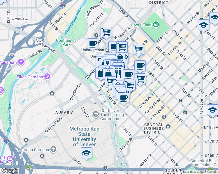 map of restaurants, bars, coffee shops, grocery stores, and more near 1450 Wazee Street in Denver
