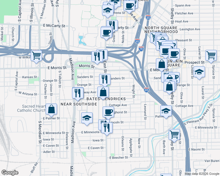 map of restaurants, bars, coffee shops, grocery stores, and more near 1259 South East Street in Indianapolis