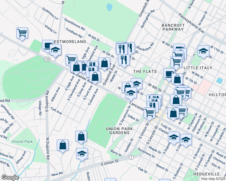 map of restaurants, bars, coffee shops, grocery stores, and more near 2510 West 2nd Street in Wilmington