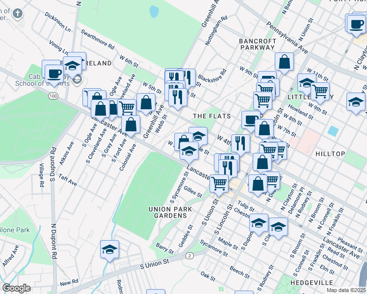 map of restaurants, bars, coffee shops, grocery stores, and more near 2309 West 2nd Street in Wilmington