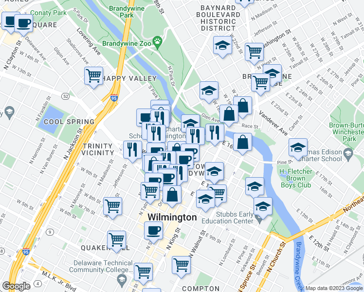 map of restaurants, bars, coffee shops, grocery stores, and more near 119 Winchester Place in Wilmington