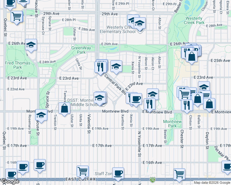 map of restaurants, bars, coffee shops, grocery stores, and more near 2177 Central Park Boulevard in Denver