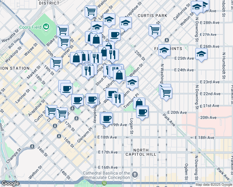 map of restaurants, bars, coffee shops, grocery stores, and more near 2100 Welton Street in Denver