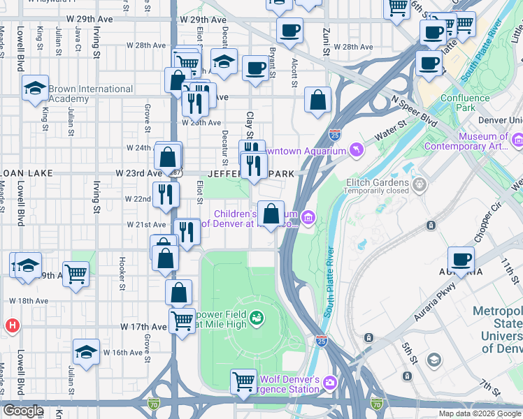map of restaurants, bars, coffee shops, grocery stores, and more near 2639 West Front View Crescent Drive in Denver