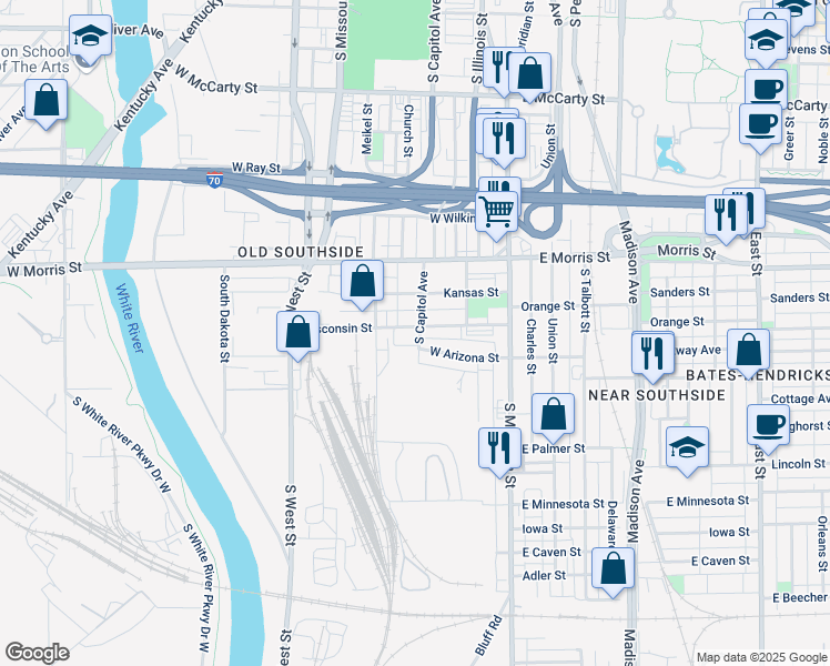 map of restaurants, bars, coffee shops, grocery stores, and more near 210 Wisconsin Street in Indianapolis