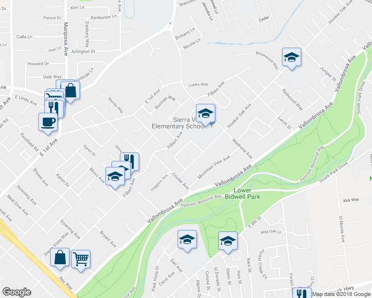 map of restaurants, bars, coffee shops, grocery stores, and more near 51 Saint Francis Drive in Chico