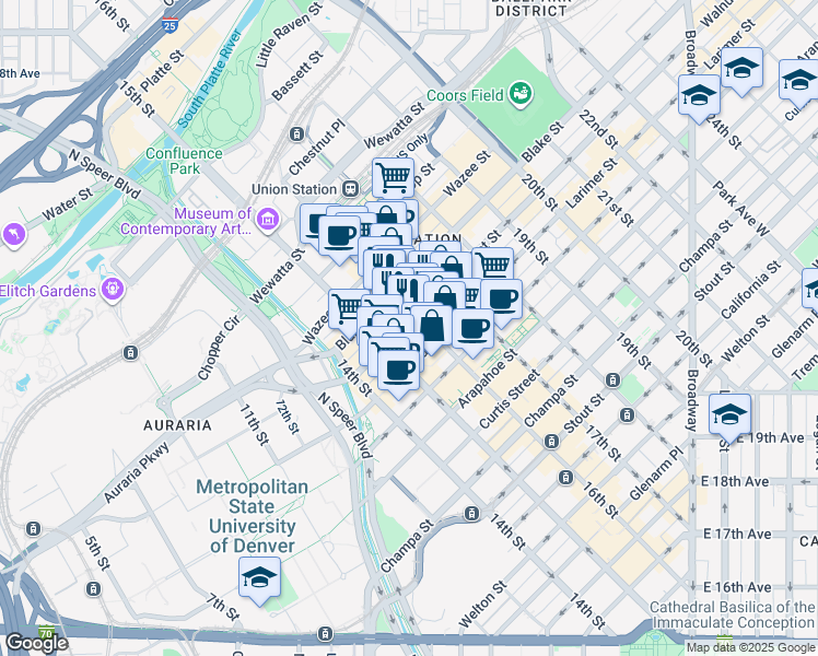 map of restaurants, bars, coffee shops, grocery stores, and more near 1550 Market Street in Denver