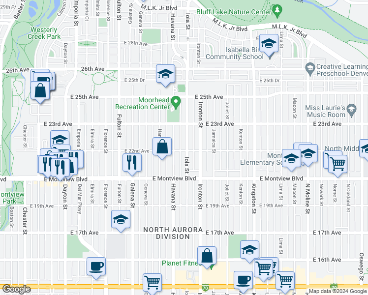 map of restaurants, bars, coffee shops, grocery stores, and more near 2241 Iola Street in Aurora
