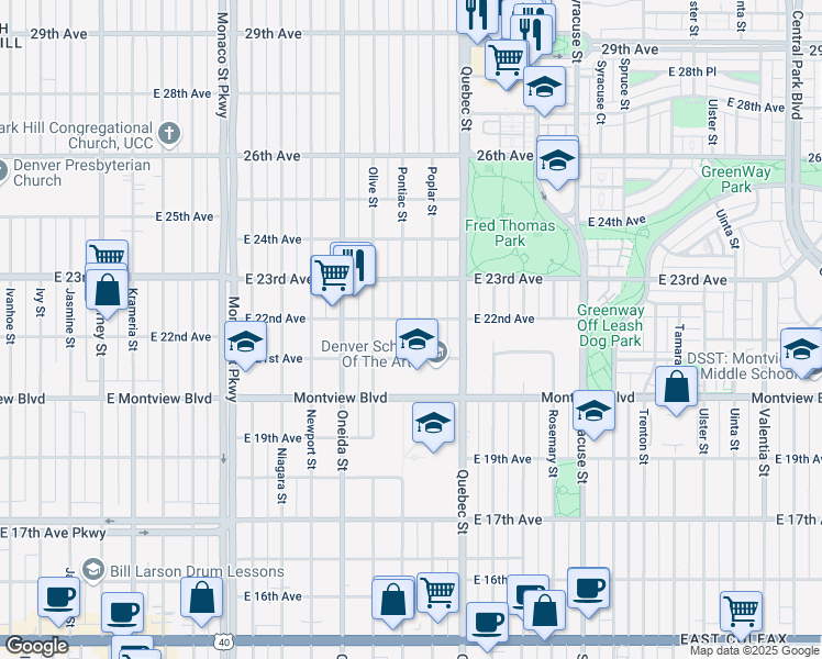 map of restaurants, bars, coffee shops, grocery stores, and more near 7101 East 22nd Avenue in Denver