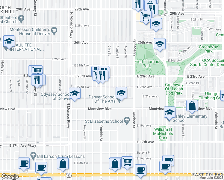 map of restaurants, bars, coffee shops, grocery stores, and more near 2211 Olive Street in Denver
