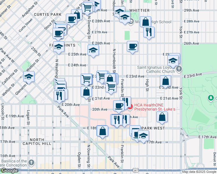 map of restaurants, bars, coffee shops, grocery stores, and more near 2233 Humboldt Street in Denver