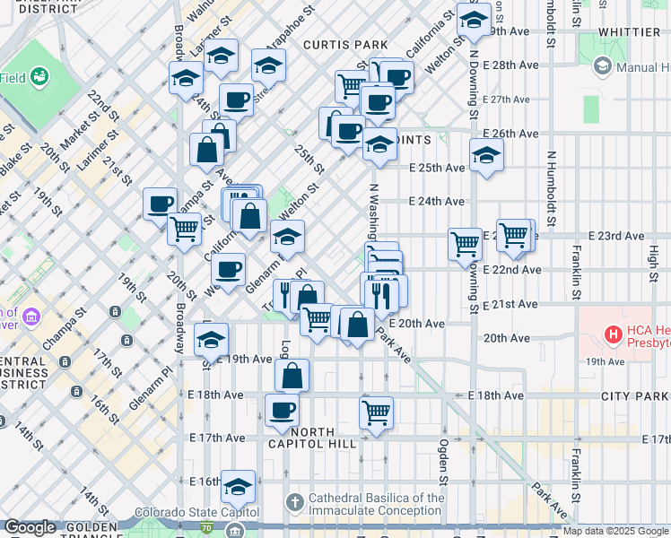 map of restaurants, bars, coffee shops, grocery stores, and more near 2333 Tremont Place in Denver