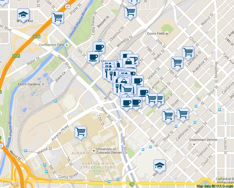 map of restaurants, bars, coffee shops, grocery stores, and more near 1450 Wazee Street in Denver