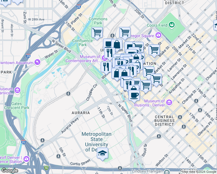 map of restaurants, bars, coffee shops, grocery stores, and more near 1404 Wynkoop Street in Denver