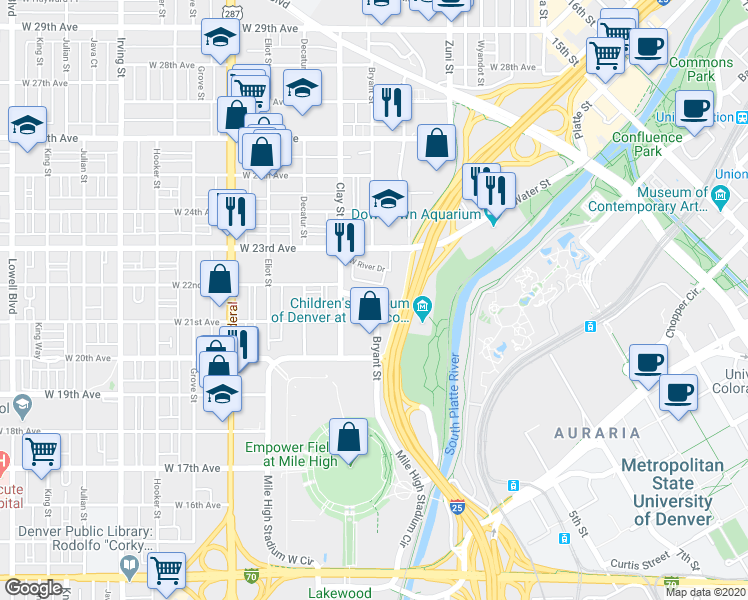 map of restaurants, bars, coffee shops, grocery stores, and more near 2639 West Front View Crescent Drive in Denver