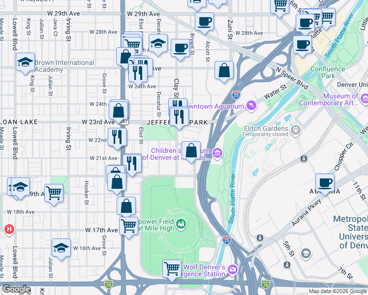 map of restaurants, bars, coffee shops, grocery stores, and more near 2639 West Front View Crescent Drive in Denver