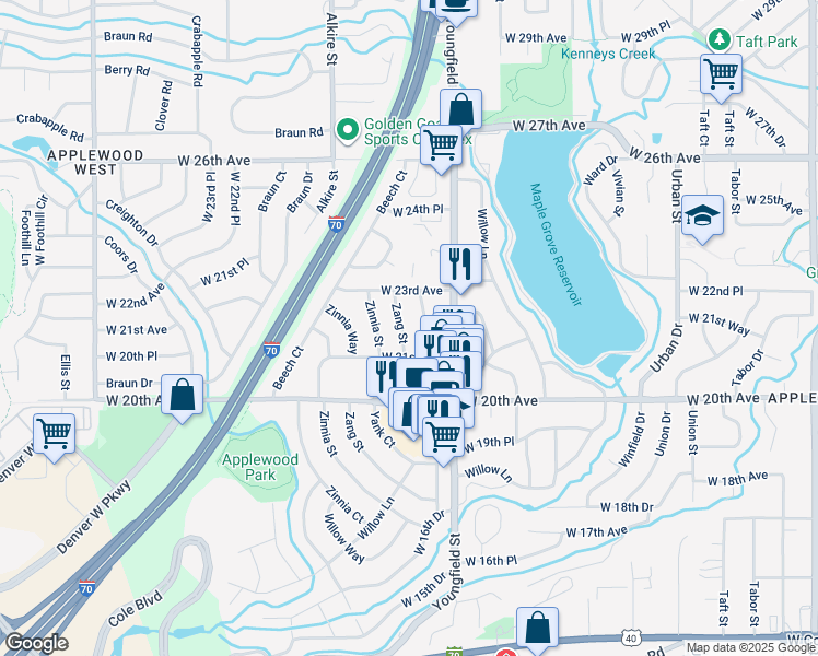 map of restaurants, bars, coffee shops, grocery stores, and more near 2233 Yellowstone Street in Golden