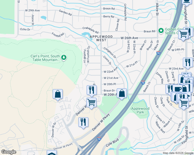 map of restaurants, bars, coffee shops, grocery stores, and more near 14083 West 22nd Avenue in Golden