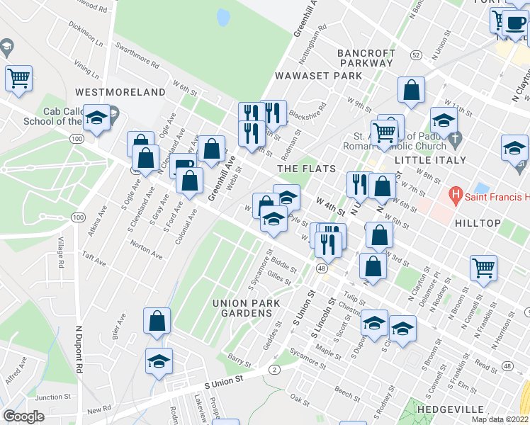 map of restaurants, bars, coffee shops, grocery stores, and more near 2303 Pyle Street in Wilmington