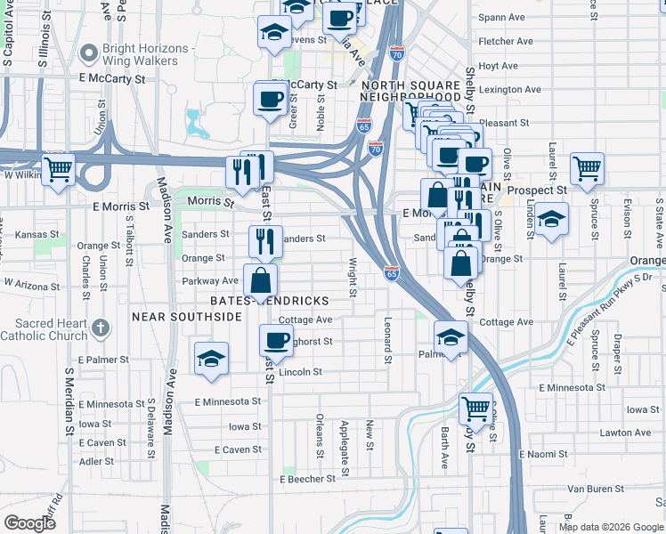 map of restaurants, bars, coffee shops, grocery stores, and more near 736 Orange Street in Indianapolis