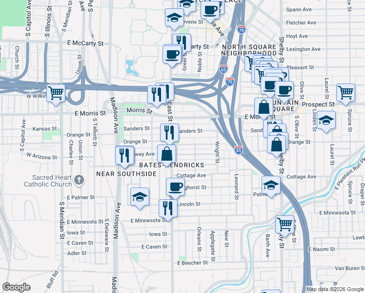 map of restaurants, bars, coffee shops, grocery stores, and more near 618 Orange Street in Indianapolis