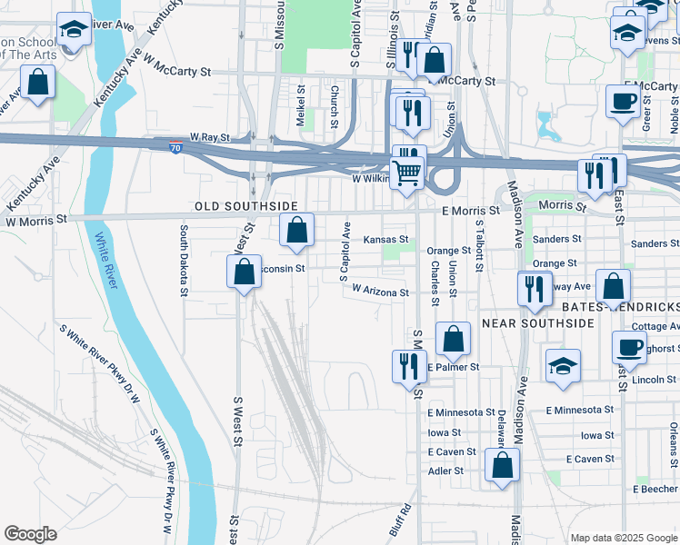 map of restaurants, bars, coffee shops, grocery stores, and more near 210 Wisconsin Street in Indianapolis
