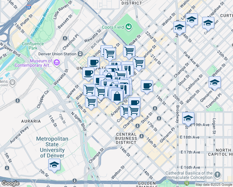 map of restaurants, bars, coffee shops, grocery stores, and more near 1701 Arapahoe Street in Denver