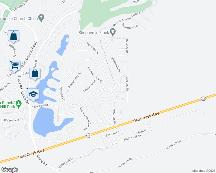 map of restaurants, bars, coffee shops, grocery stores, and more near 1270 Yosemite Drive in Chico