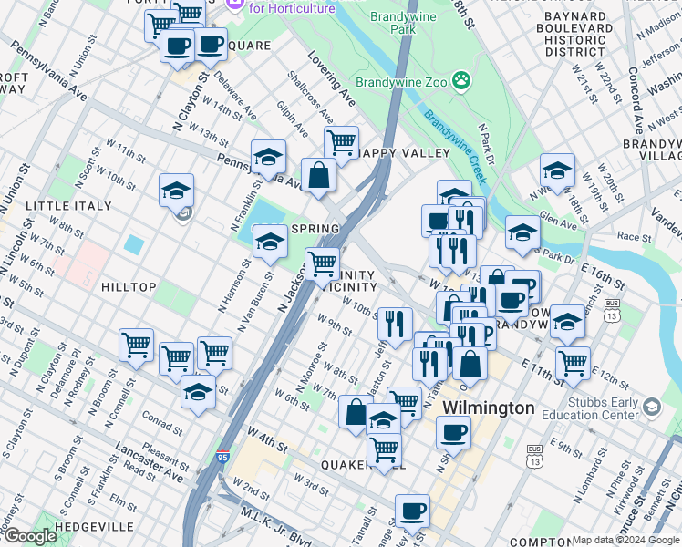 map of restaurants, bars, coffee shops, grocery stores, and more near 1023 Trenton Place in Wilmington