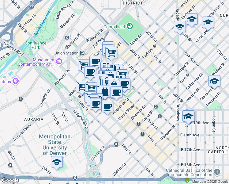 map of restaurants, bars, coffee shops, grocery stores, and more near 1200 17th Street in Denver