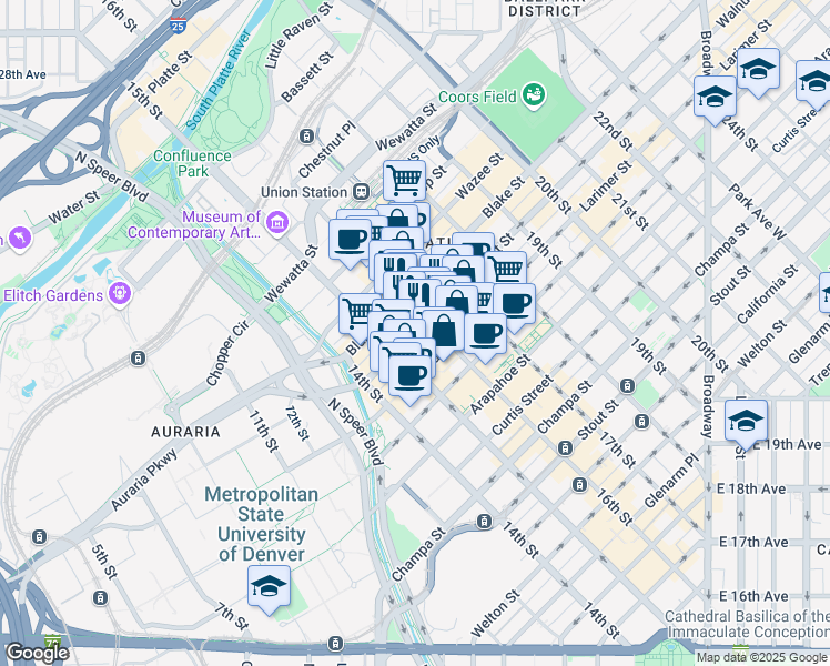 map of restaurants, bars, coffee shops, grocery stores, and more near 1560 Market Street in Denver
