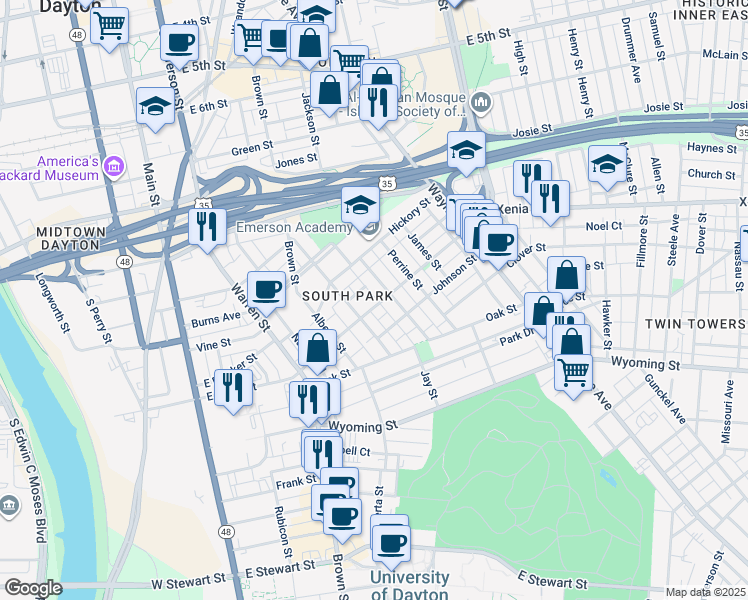 map of restaurants, bars, coffee shops, grocery stores, and more near 229 Adams Street in Dayton