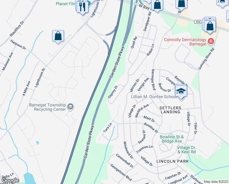 map of restaurants, bars, coffee shops, grocery stores, and more near 25 Osprey Road in Barnegat Township