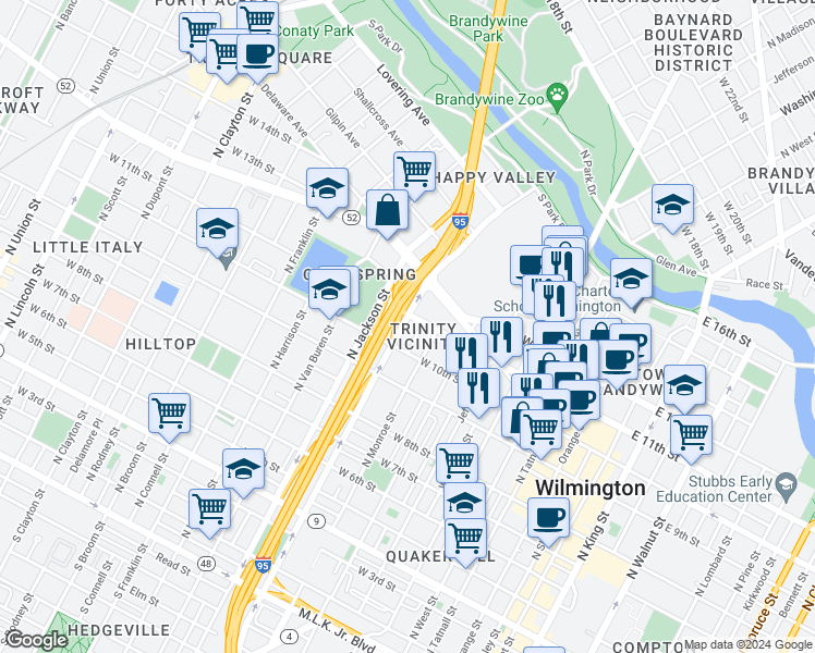 map of restaurants, bars, coffee shops, grocery stores, and more near 1018 North Adams Street in Wilmington